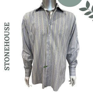 Stonehouse Men’s Striped Button-Up Dress Shirt Blue White Green – Size Large